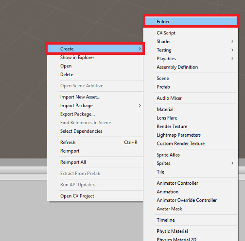 Capture d’écran du menu dossier des ressources. Le menu Créer est ouvert et le dossier est sélectionné.