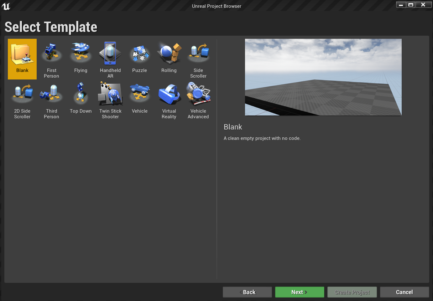 Fenêtre du navigateur de projet Unreal avec le modèle Blank mis en évidence