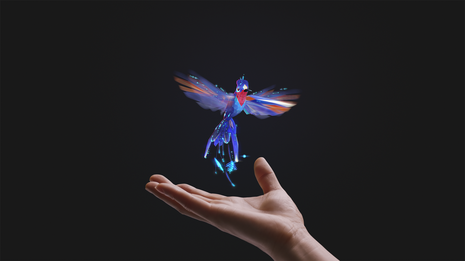 Colibri virtuel avec une main humaine