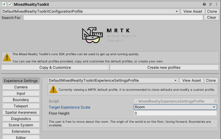 Paramètres d’expérience dans le profil de configuration MRTK
