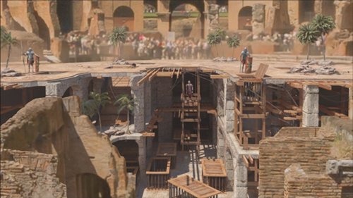 Les ruines modernes du Colisée avec une superposition montrant le plancher de l’arène comme il aurait regardé dans la Rome antique.