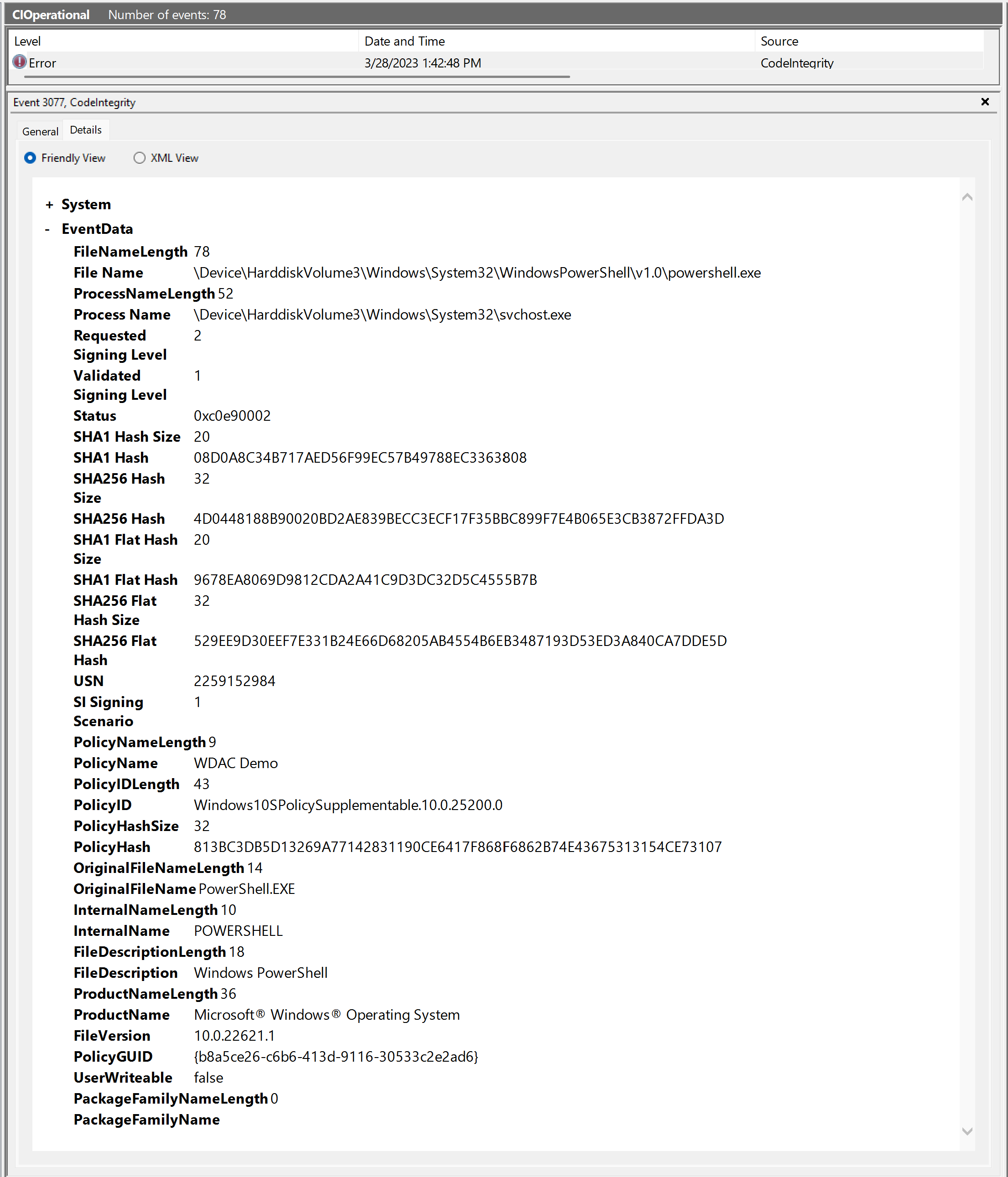 Exemple 3077 : événement de bloc pour PowerShell.exe.