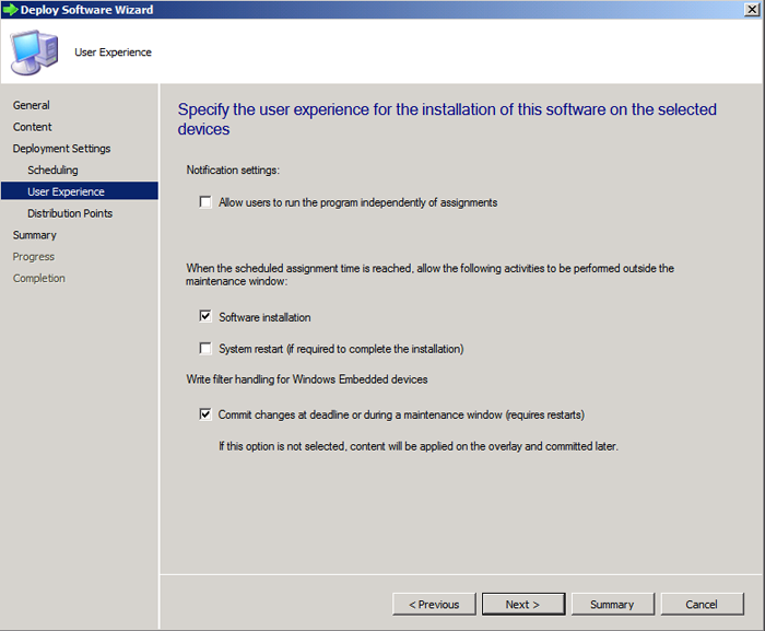 Assistant Déploiement logiciel, page Expérience utilisateur.
