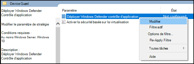 Modifiez le stratégie de groupe pour Windows Defender Contrôle d’application.