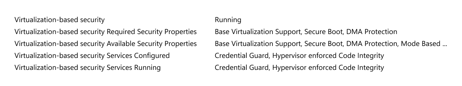 L’entrée « Services de sécurité basés sur la virtualisation en cours d’exécution » répertorie Credential Guard dans System Information (msinfo32.exe).