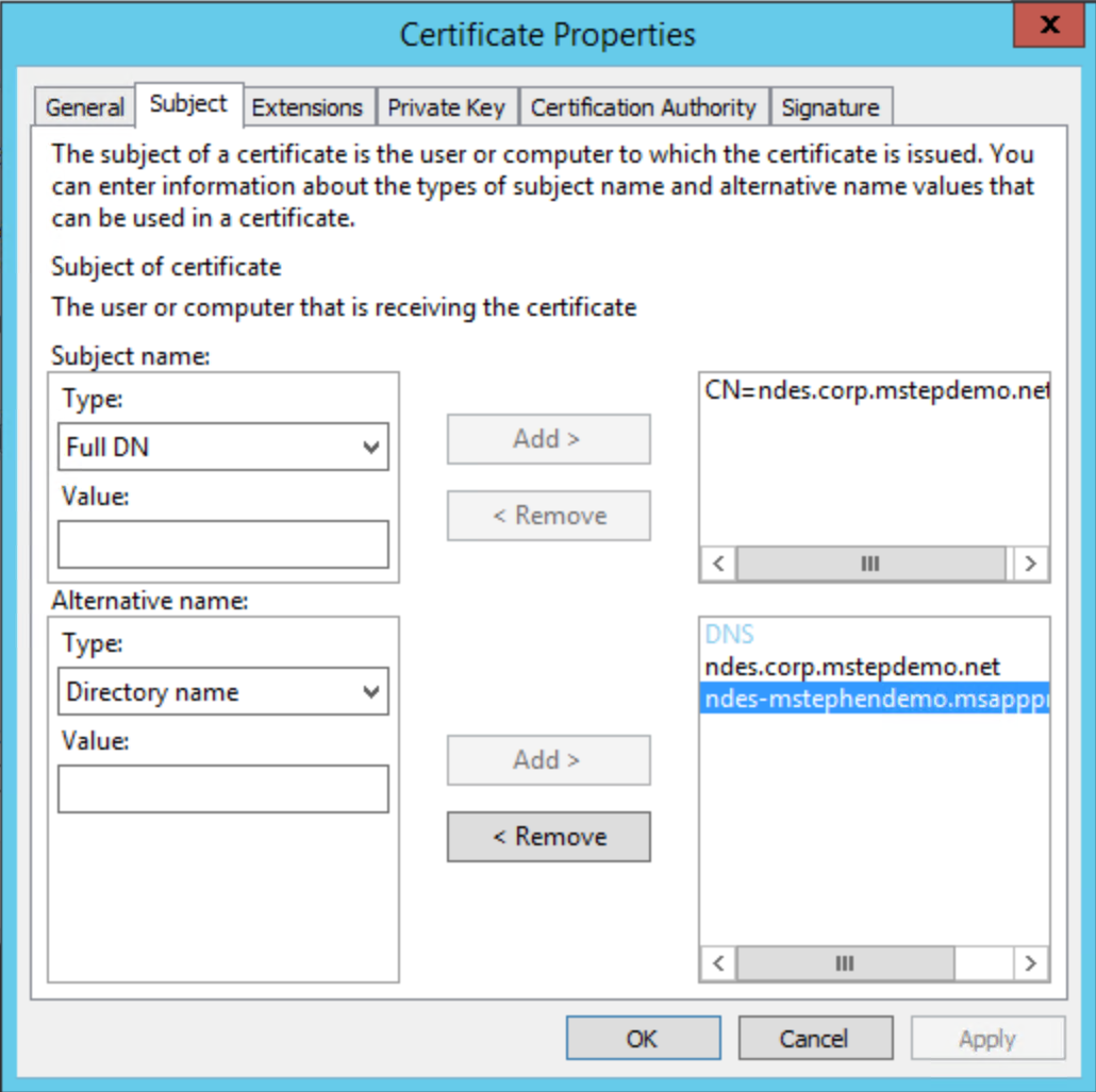 Exemple d’onglet Objet des propriétés de certificat : c’est ce qui s’affiche lorsque vous cliquez sur le lien ci-dessus.
