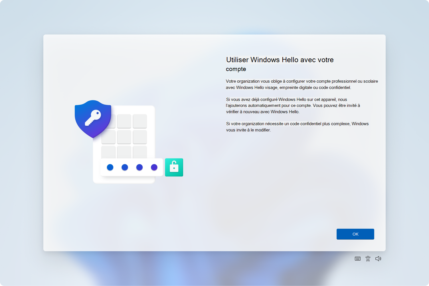 Capture d’écran de l’hôte d’expérience cloud invitant l’utilisateur à provisionner Windows Hello.