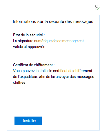 Capture d’écran de l’application Windows Mail, montrant un message pour installer le certificat de chiffrement de l’expéditeur.