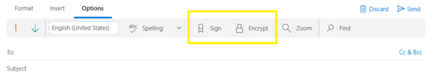 Capture d’écran de l’application Windows Mail, montrant les options de signature ou de chiffrement du message.