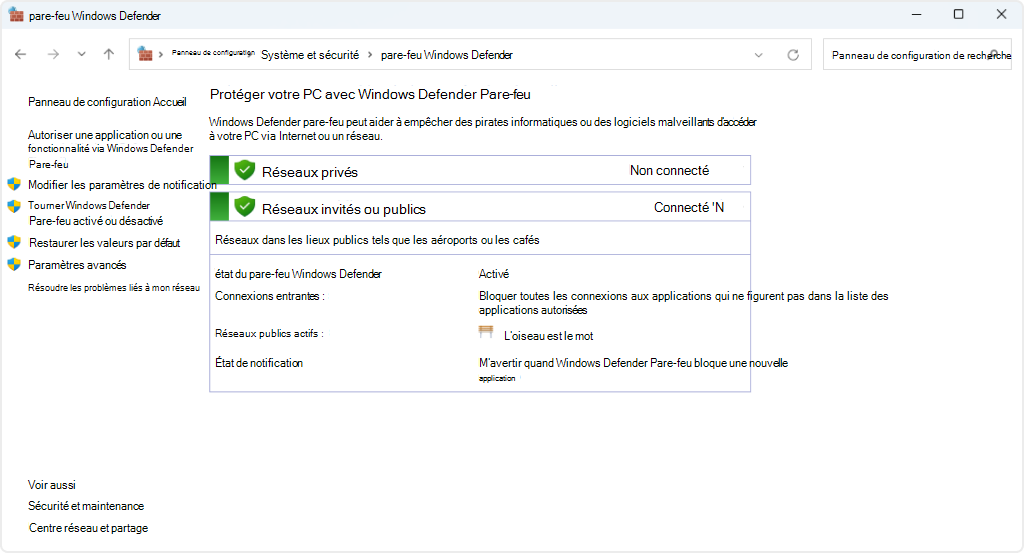 Capture d’écran montrant l’applet du panneau de configuration Windows Defender Firewall.