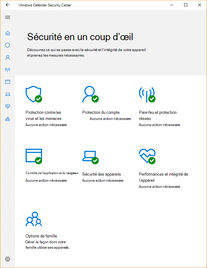 Capture d’écran du Sécurité Windows montrant que l’appareil est protégé et cinq icônes pour chacune des fonctionnalités.