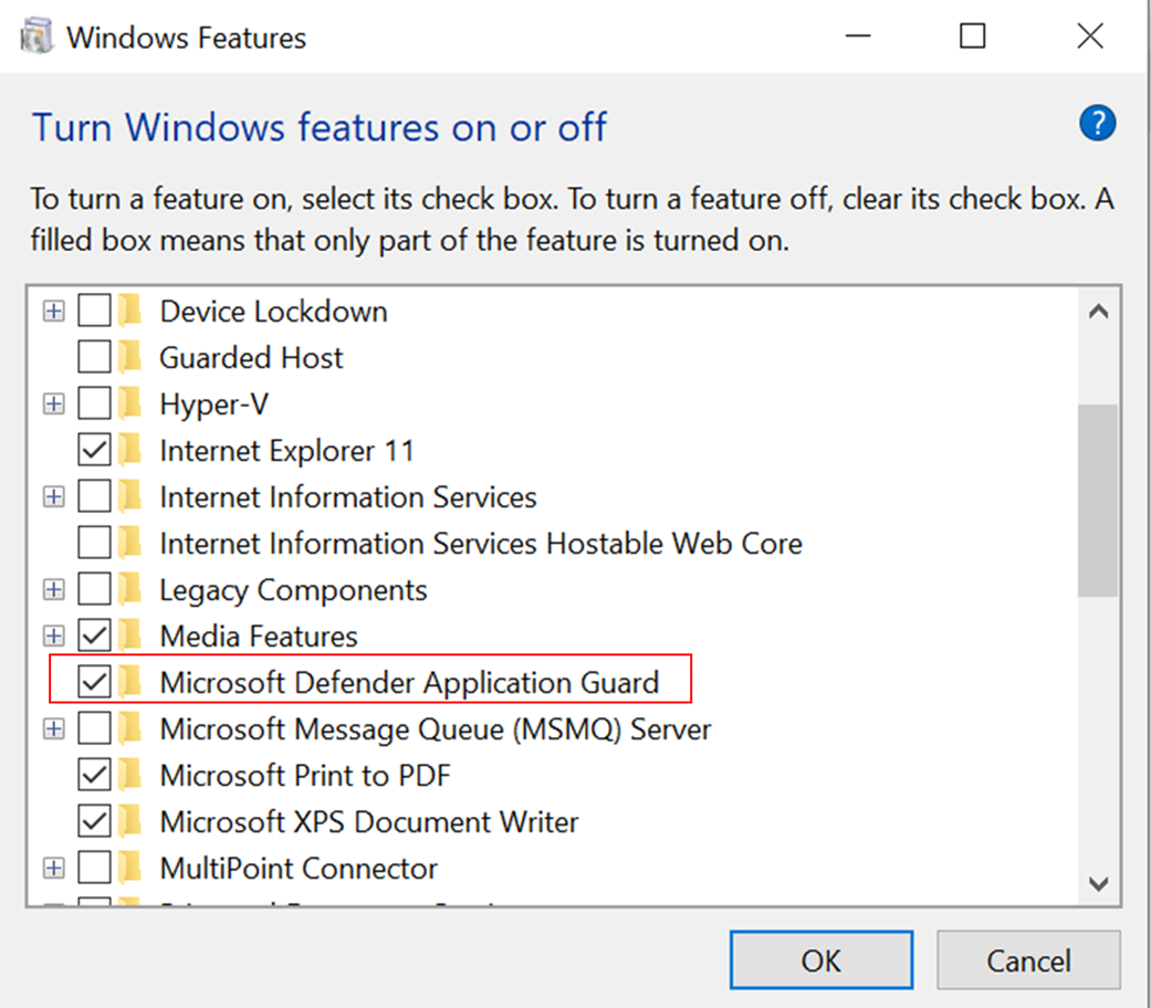 Fonctionnalités Windows, activation de Microsoft Defender Application Guard.
