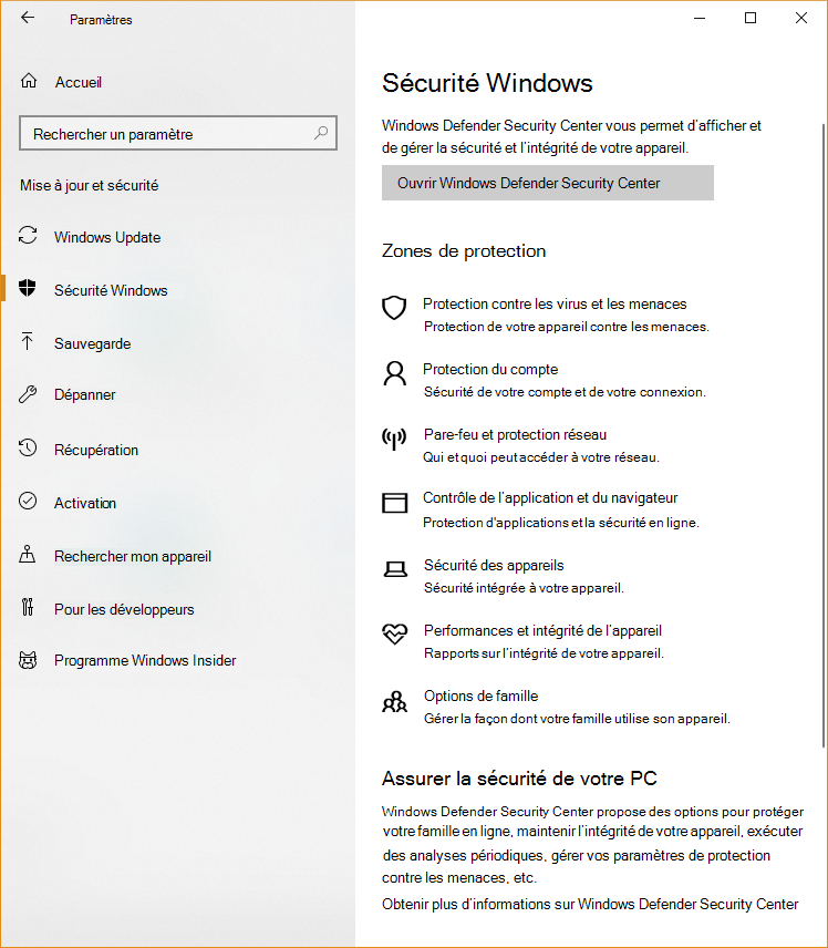 Capture d’écran des paramètres Windows montrant les différentes zones disponibles dans le Sécurité Windows.