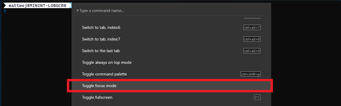 Activer/désactiver le paramètre du mode Focus dans la palette de commandes de Terminal Windows