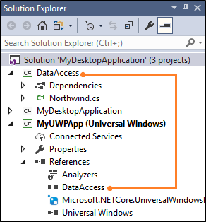 Capture d’écran du volet Explorateur de solutions UWP qui appelle la référence à la référence de bibliothèque de classes pour le projet dot NET.