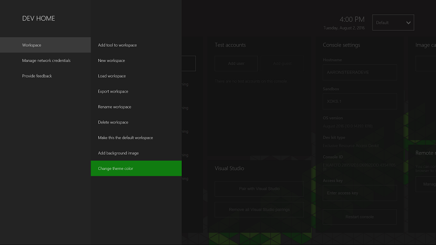 Capture d’écran de la page DEV HOME montrant les options Espace de travail et Modifier la couleur de thème sélectionnées.