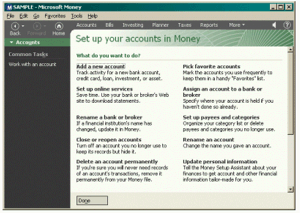 Capture d'écran de l'écran de configuration des comptes dans Money 2000.