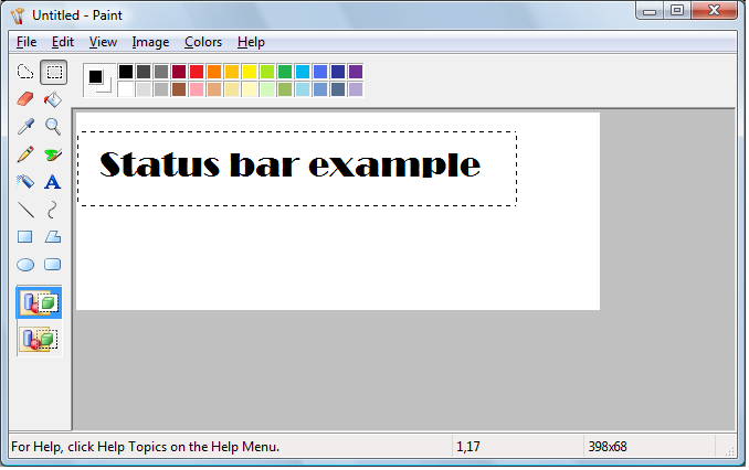 capture d’écran de l’application de peinture, avec une barre d’état qui contient des conseils sur l’aide en ligne