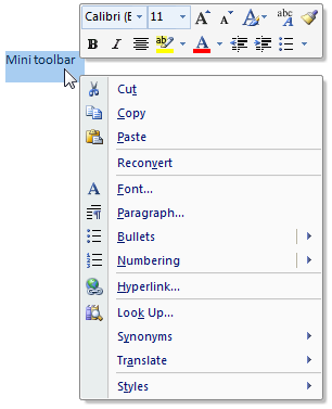 capture d’écran de la mini barre d’outils et du menu 