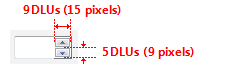 Capture d’écran montrant la largeur et la hauteur des boutons de sélection haut et bas, mesurant 9 DLU (15 pixels) de large par 5 DTU (9 pixels) de haut.