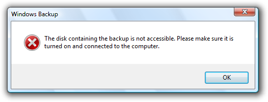 Capture d’écran du message non accessible du disque de sauvegarde 
