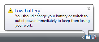 Capture d’écran de la notification d’avertissement de batterie faible 