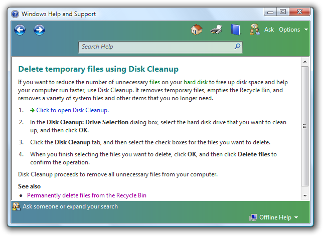 capture d’écran de la page d’aide « supprimer des fichiers temporaires » 