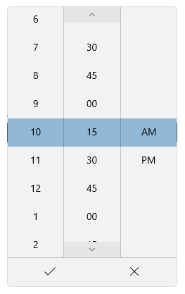Sélecteur de temps affichant des incréments de 15 minutes.