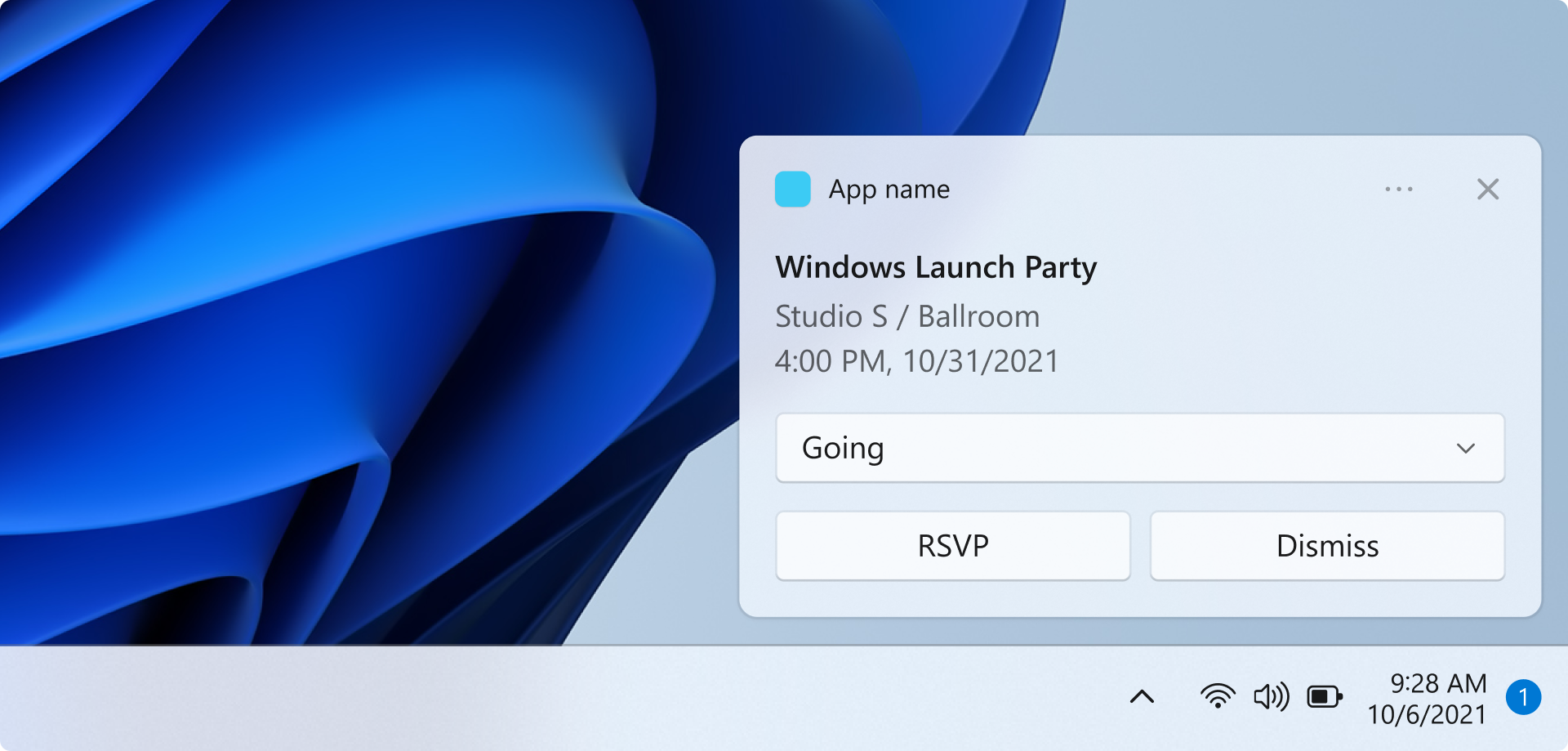 Capture d’écran montrant une notification toast au-dessus de la barre des tâches. La notification est un rappel pour un événement. Le nom de l’application, le nom de l’événement, l’heure de l’événement et l’emplacement de l’événement s’affichent. Une entrée de sélection affiche la valeur actuellement sélectionnée, En cours d’utilisation. Il existe deux boutons intitulés RSVP et Ignorer