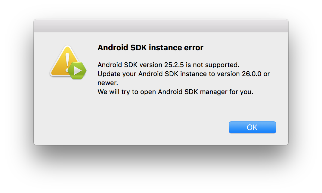 Capture d’écran montrant la boîte de dialogue d’erreur instance sdk Android pour obtenir des informations de résolution des problèmes.