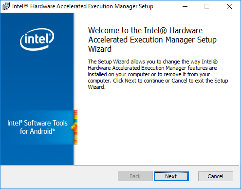 Fenêtre Intel Hardware Accelerated Execution Manager (HAXM)