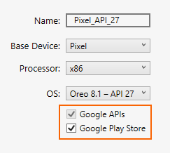 Exemple d’AVD avec Google Play Services et Google Play Store activés