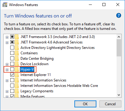 Désactivation d’Hyper-V dans la boîte de dialogue Fonctionnalités de Windows