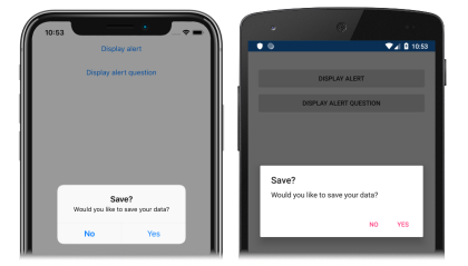 Capture d’écran d’une alerte qui pose une question, sur iOS et Android