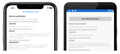 Capture d’écran des dépôts .NET GitHub, sur iOS et Android