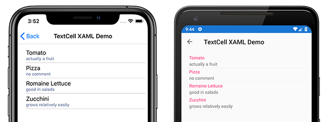 Captures d’écran d’un exemple Xamarin.Forms d’application dans iOS et Android