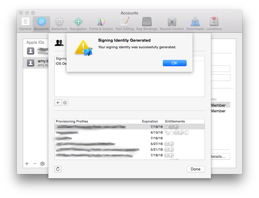 The signing identity will be generated and a dialog displayed