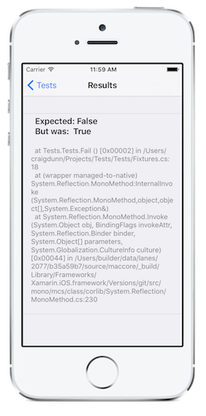 Capture d’écran montrant un exemple de rapport, Écran de test avec status de test.