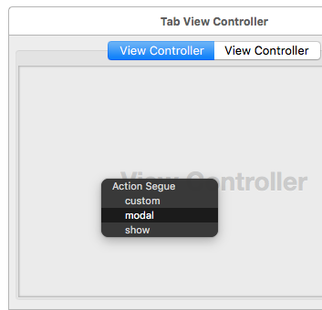 Sélection du type de segue modal dans le menu Action Segue.
