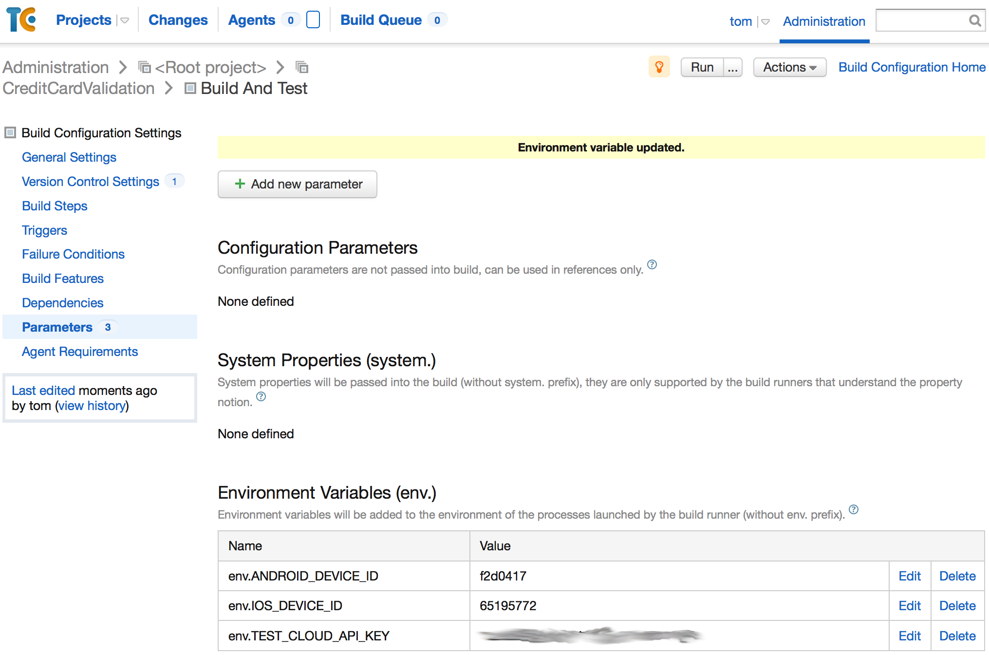 Add the variables for the Test Cloud API Key, the iOS device ID, and the Android Device ID Add the variables for the App Center Test API Key, the iOS device ID, and the Android Device ID