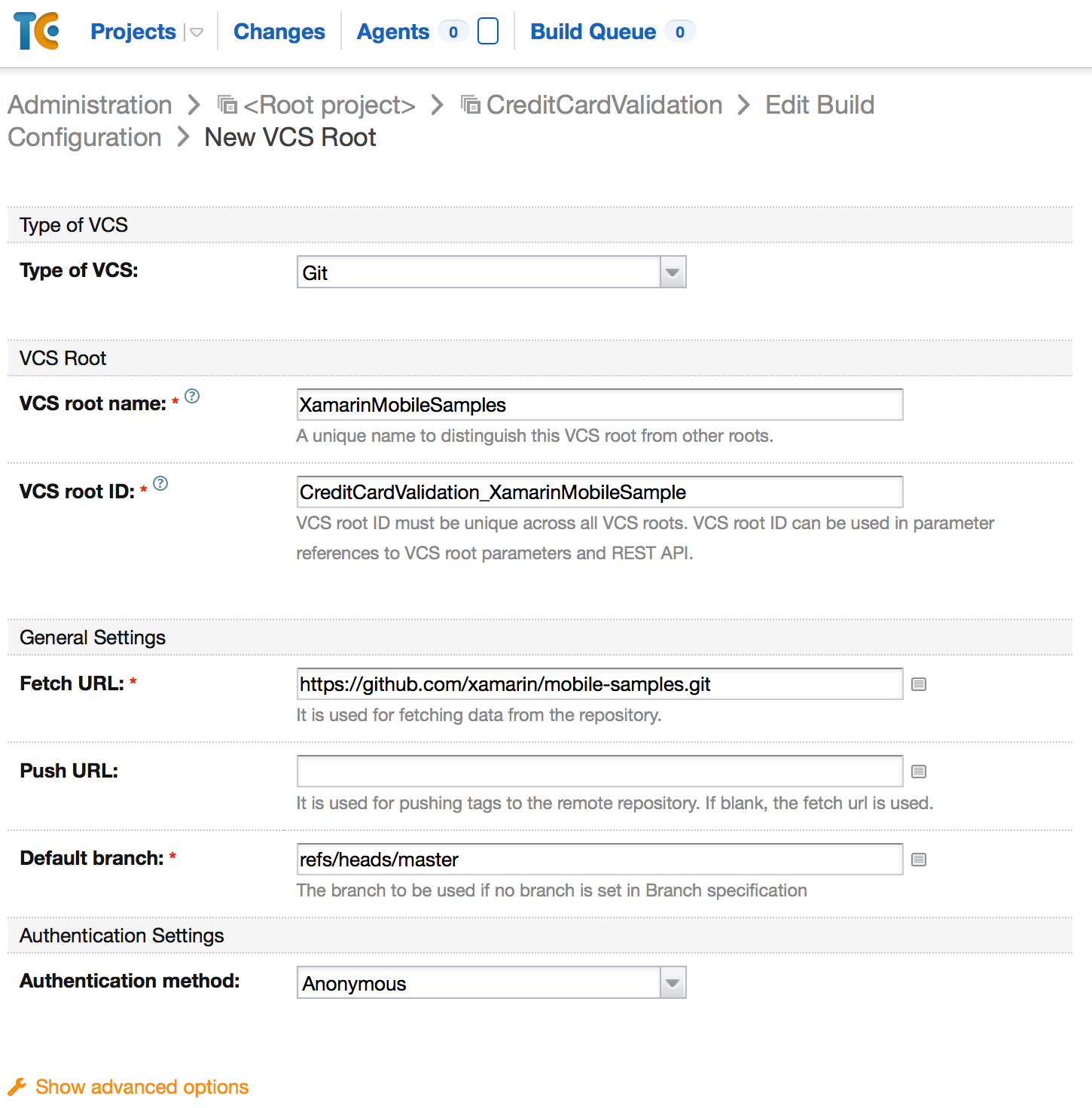 If there is no VCS project created, you have the option to create one from the New VCS Root page If there's no VCS project created, you can create one from the New VCS Root page