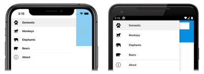 Capture d’écran du menu volant contenant des objets FlyoutItem, sur iOS et Android