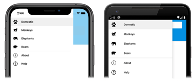 Capture d’écran du menu volant contenant un objet MenuItem, sur iOS et Android