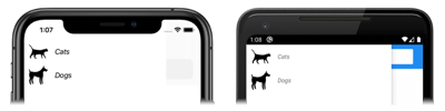 Capture d’écran d’objets FlyoutItem avec modèle, sur iOS et Android