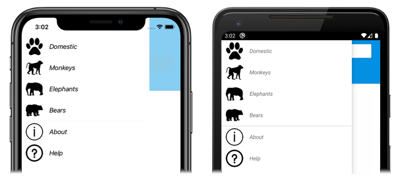 Capture d’écran d’objets MenuItem avec modèle, sur iOS et Android
