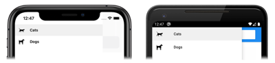 Capture d’écran d’une application Shell à deux pages avec des éléments volants, sur iOS et Android