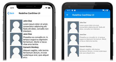 Captures d’écran d’objets CardViewUI avec modèle, sur des objets CardViewUI iOS et Android