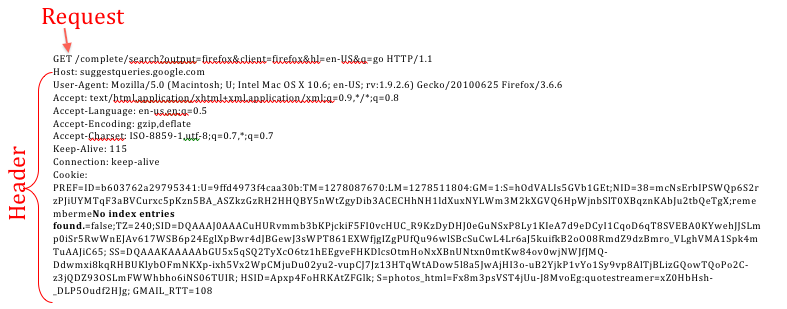 Capture d’écran montrant les éléments d’une demande de navigateur réelle.
