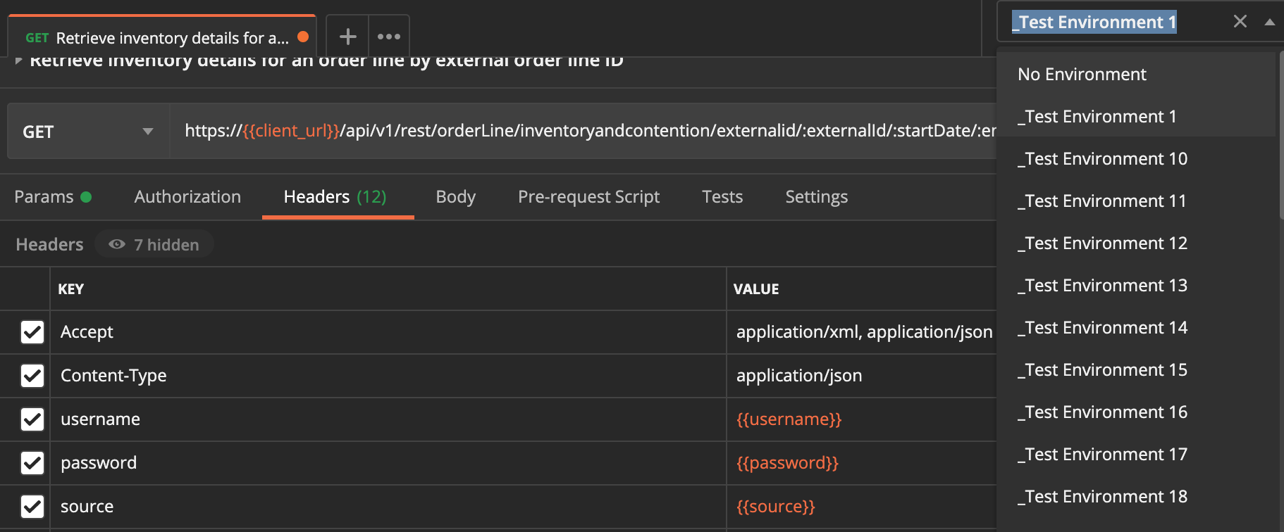 Capture d’écran montrant la liste déroulante Environnements.
