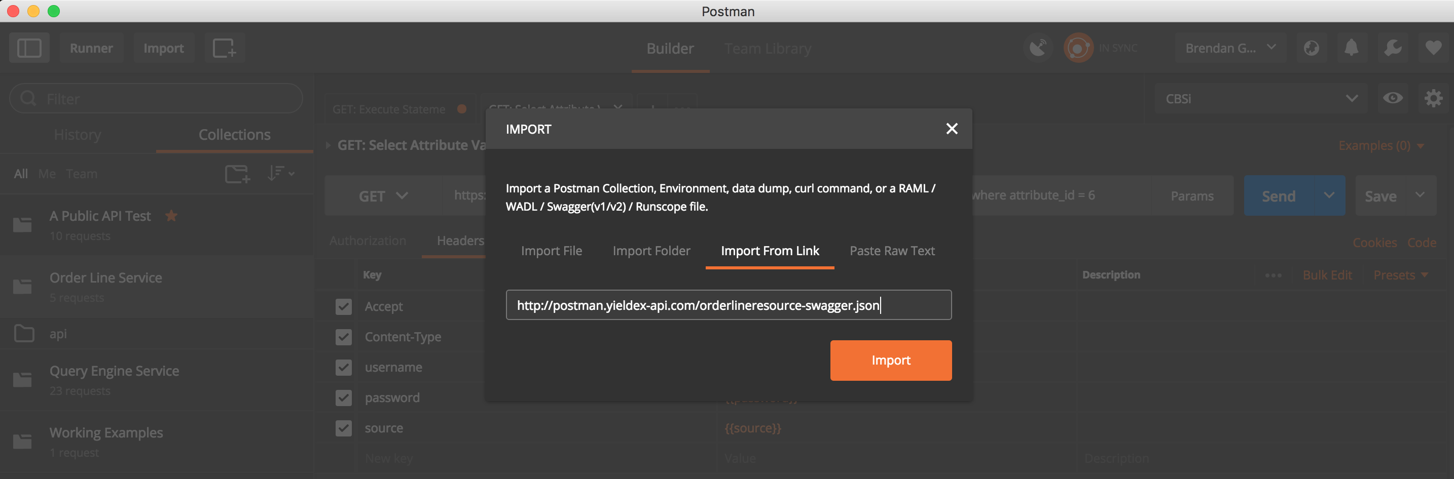 Capture d’écran montrant comment importer à partir d’un lien dans Postman.